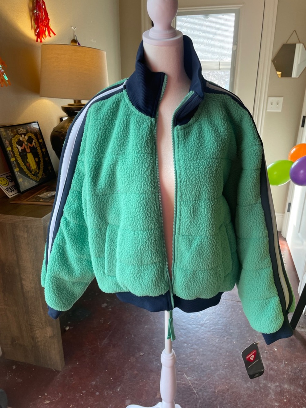 Free People Mint Green Sherpa Bomber Jacket with Navy Trim